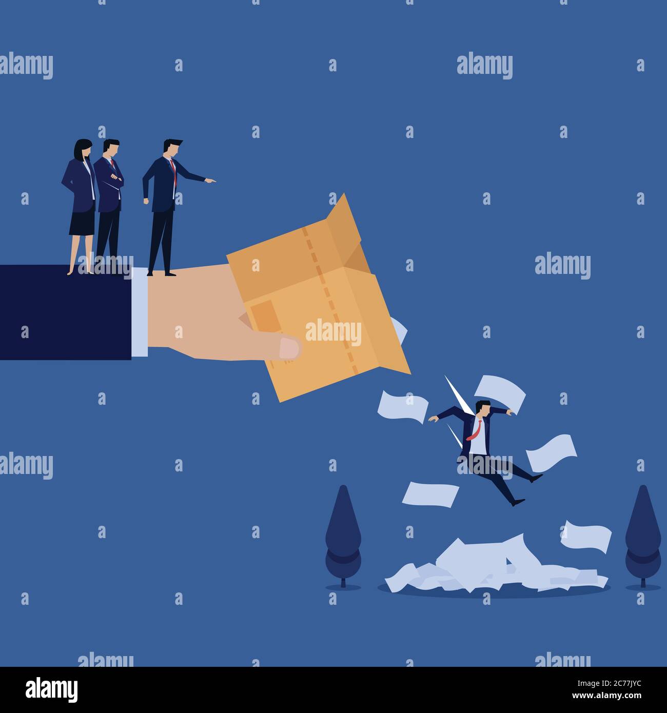 Business hand throw away employee and papers from box metaphor of fired