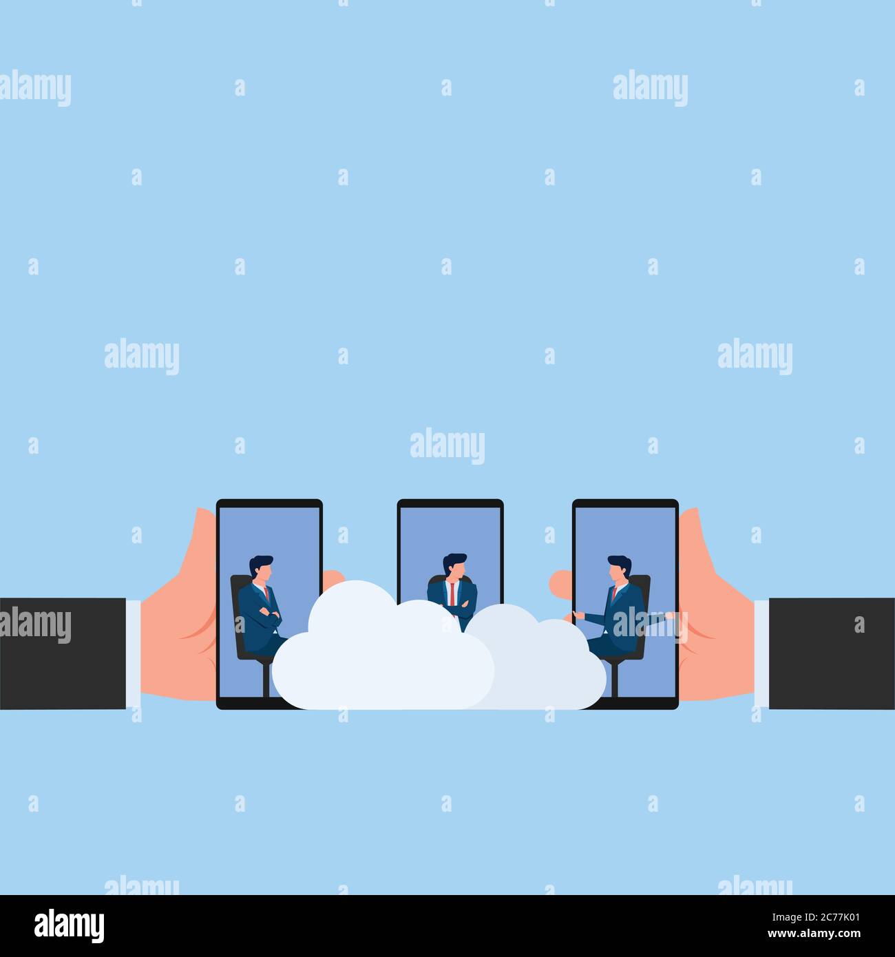 People discuss via phone through cloud metaphor of online meeting