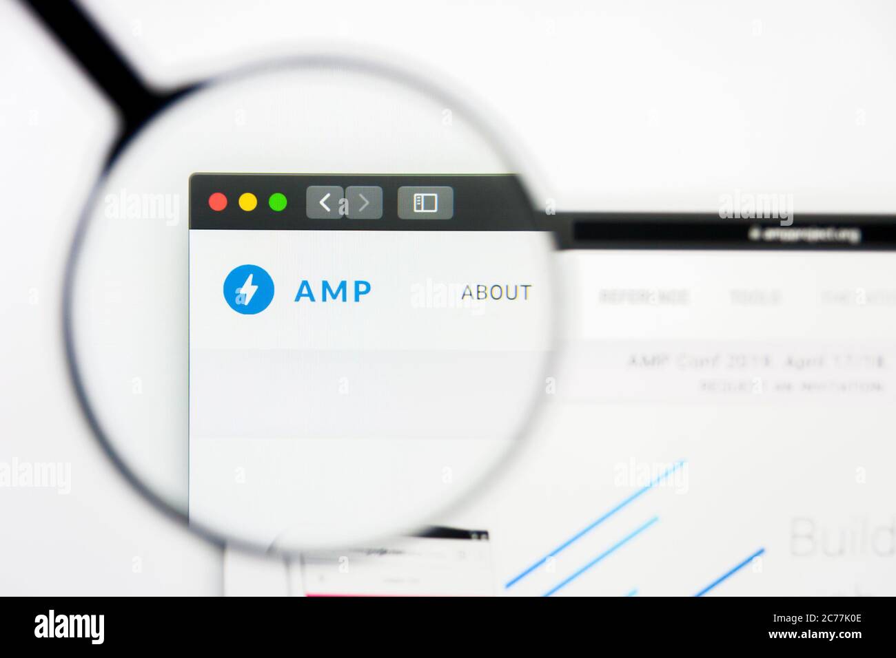 Los Angeles, California, USA - 23 March 2019: Illustrative Editorial of AMP website homepage. AMP logo visible on display screen. Stock Photo