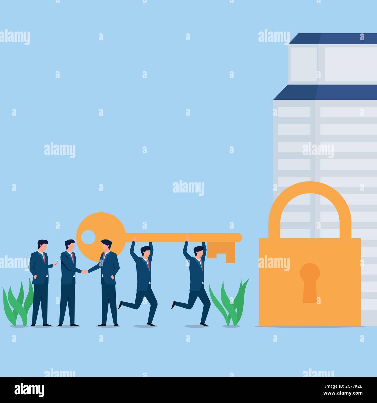 Manager handshake for acquisition and employee bring the key. Business