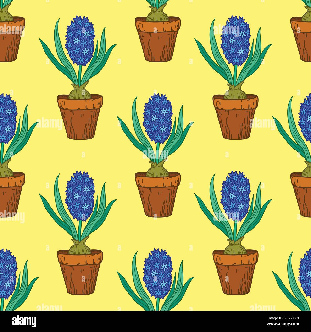 Seamless pattern with hyacinths in pots. Vector illustration. Stock Vector