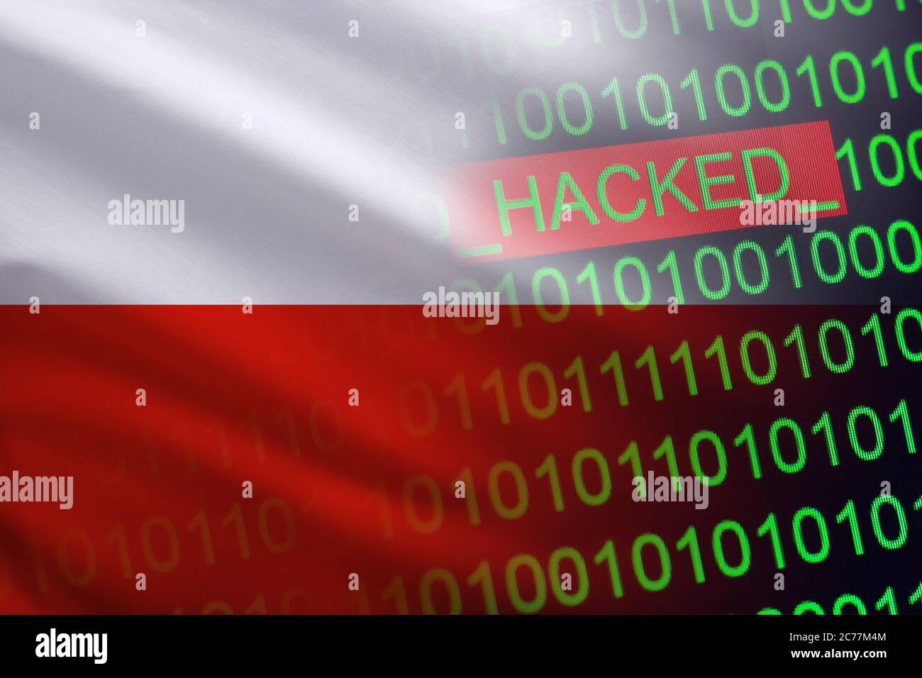 Poland hacked state security. Cyberattack on the financial and banking structure. Theft of secret information. On a background of a flag the binary code. Stock Photo