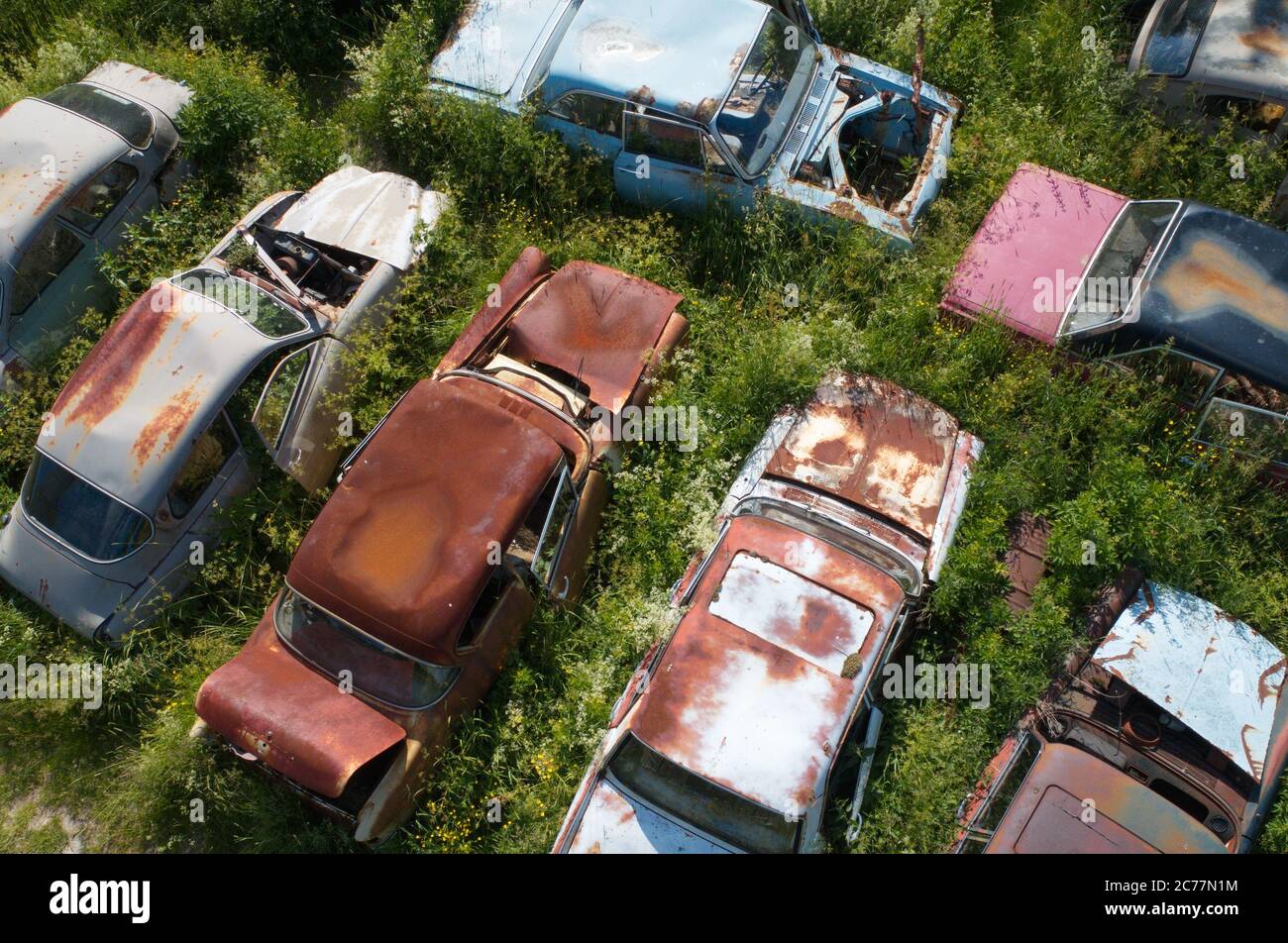 Decayed cars viewed from an high angle. Stock Photo