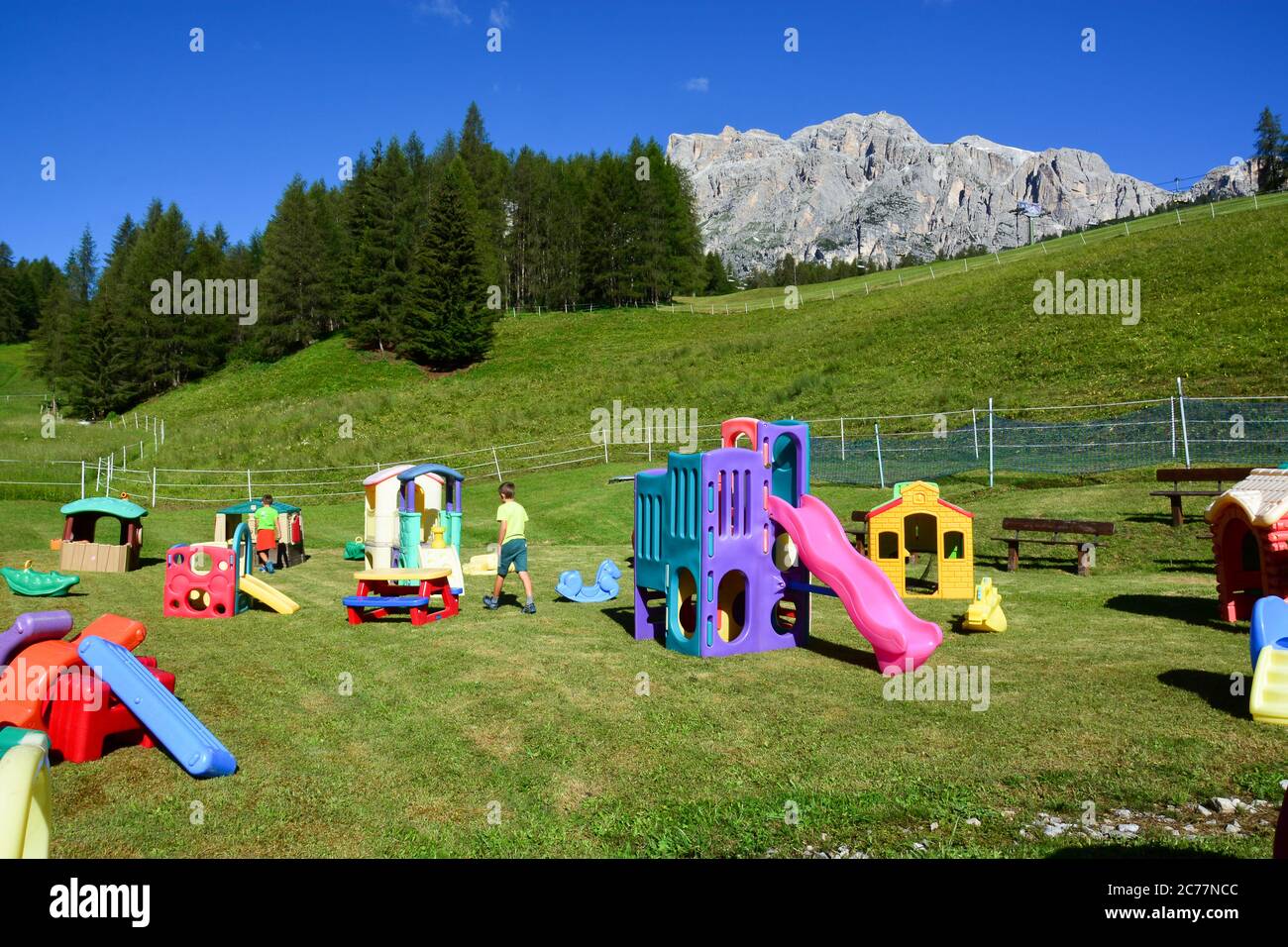 games for children at the foot of the Tofane in Cortina d'Ampezzo Stock Photo
