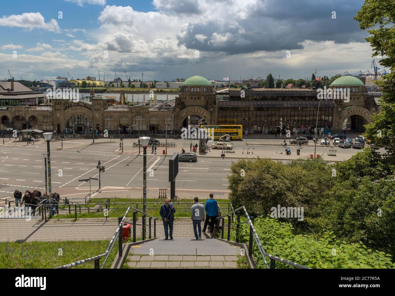 View of the famous Hamburg Landungsbruecken with harbor, St. Pauli district, Hamburg, Germany Stock Photo