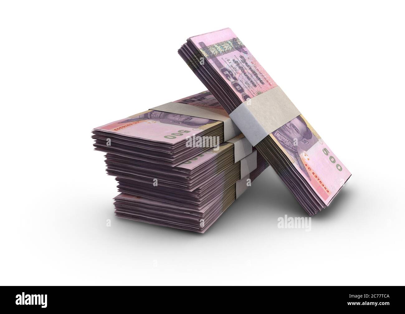 A stack of bundled Thailand baht banknotes on an isolated background - 3D render Stock Photo