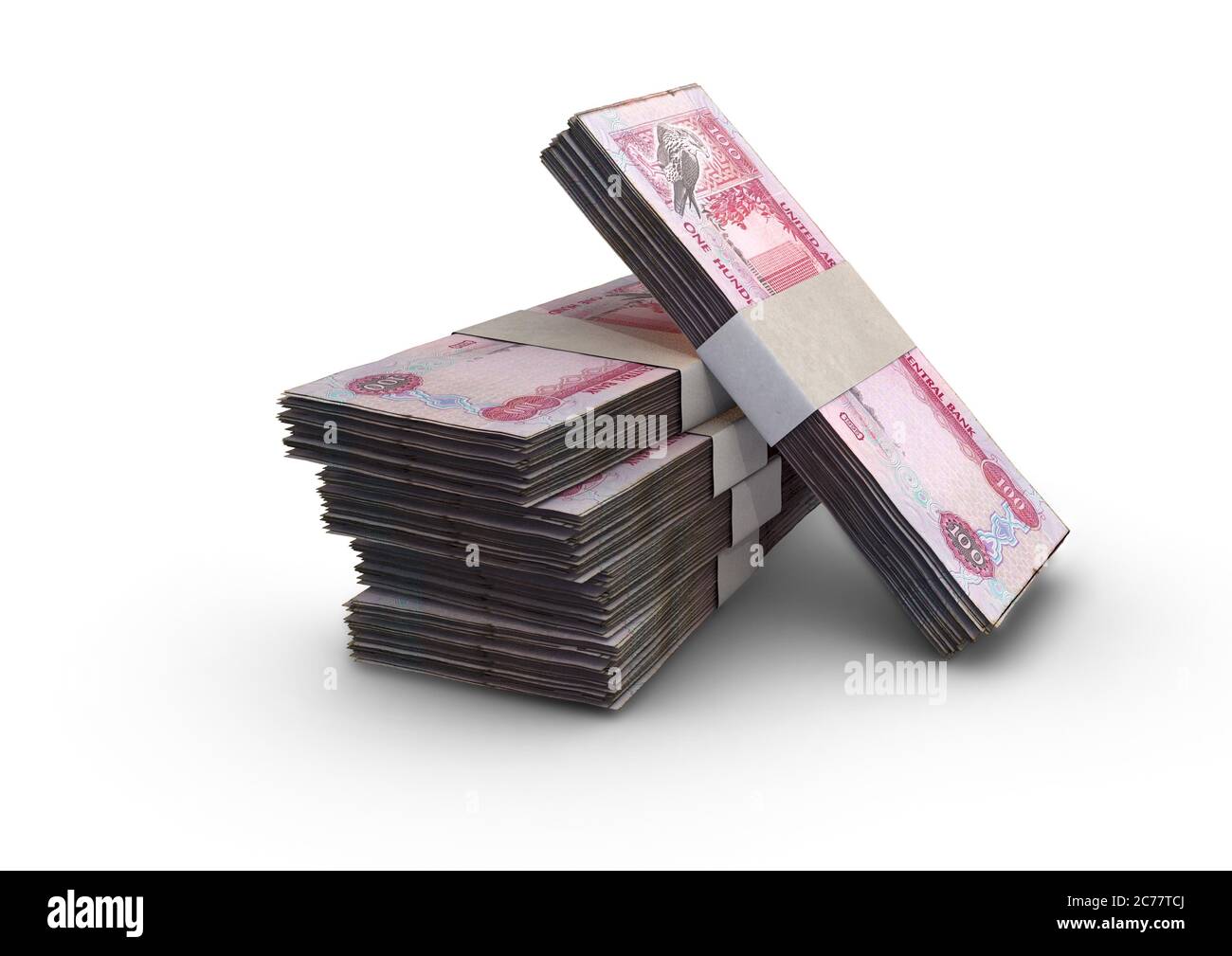 A stack of bundled UAE dirham banknotes on an isolated background - 3D render Stock Photo