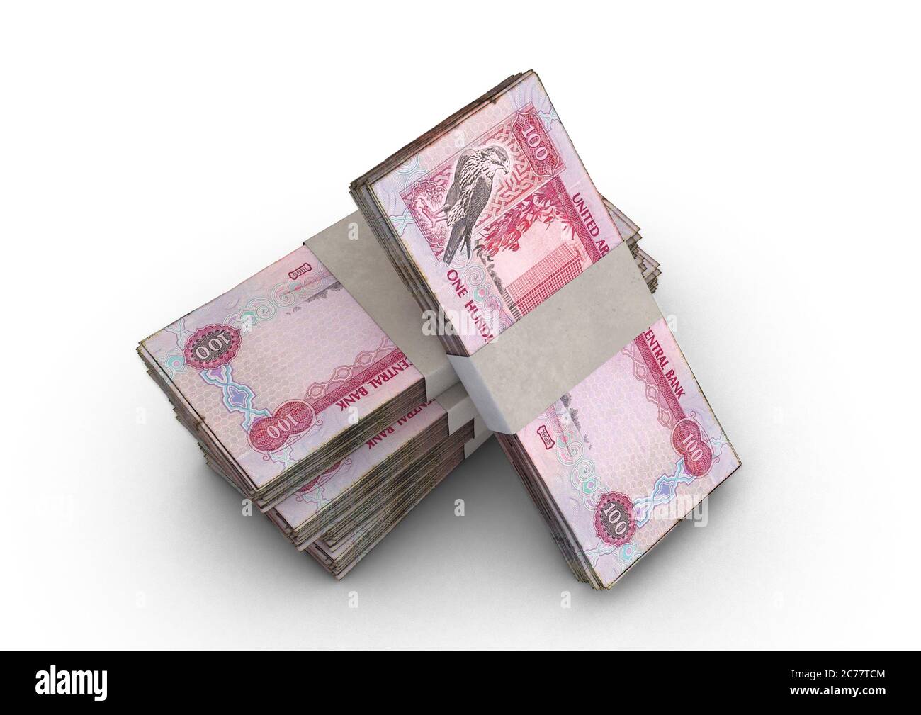 A stack of bundled UAE dirham banknotes on an isolated background - 3D render Stock Photo