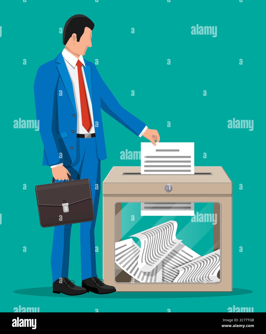 Businessman and ballot box. Container with glass window and lock full of documents papers. Voting case for suggestions elections. Box for tips and donations. Vector illustration in flat style Stock Vector