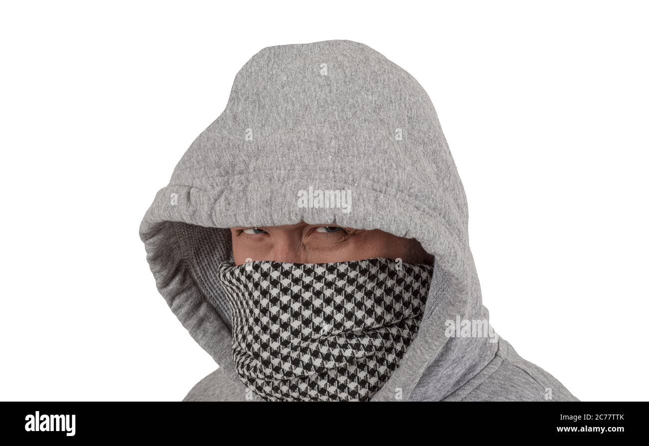 Man Suspicious Look With Arabic Style Scarf Covered Face And Hood On His Head Angry Male Portrait Distrust In Partner Thief Hacker Robber Conce Stock Photo Alamy