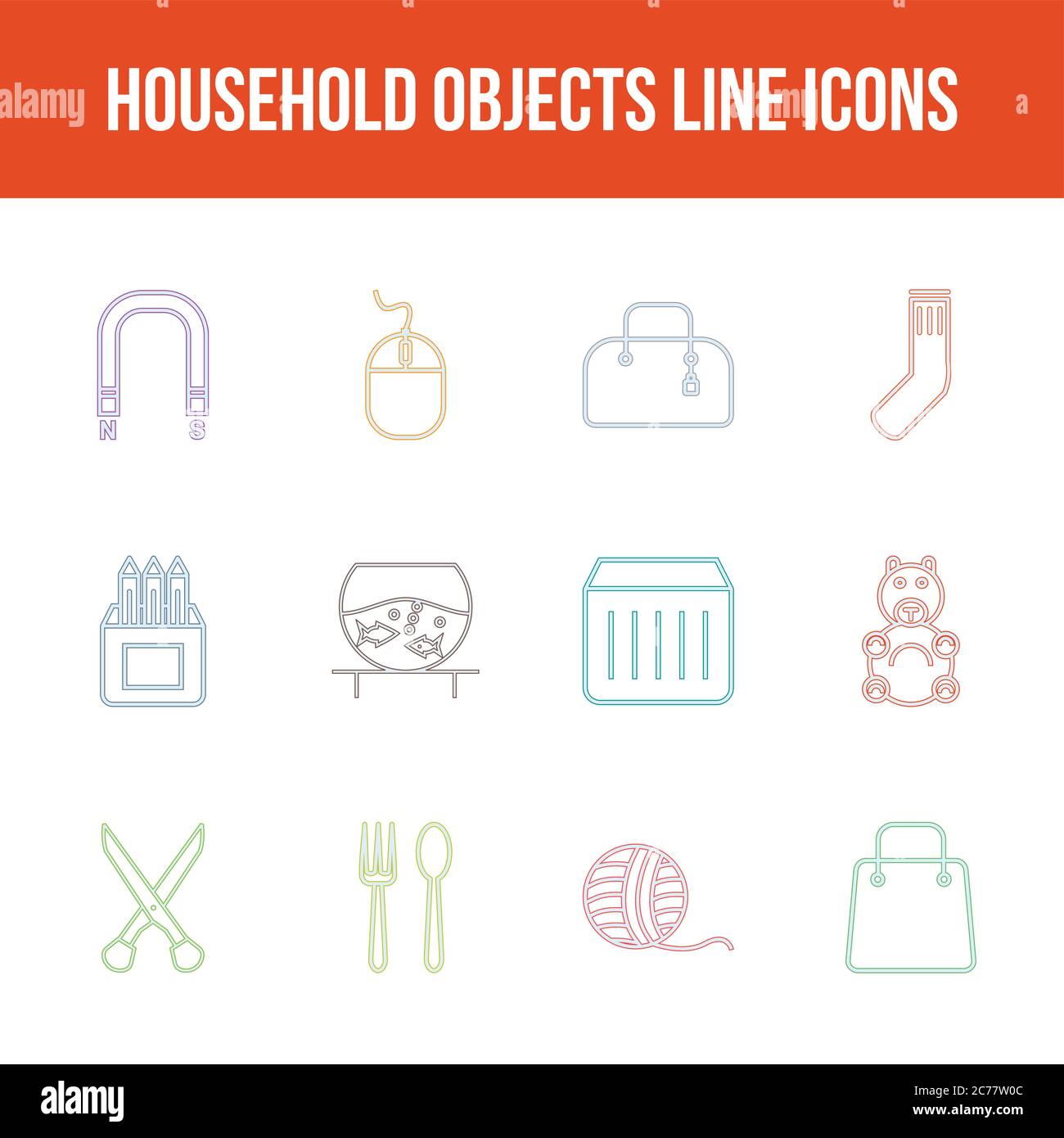Unique household objects vector line icon set Stock Vector
