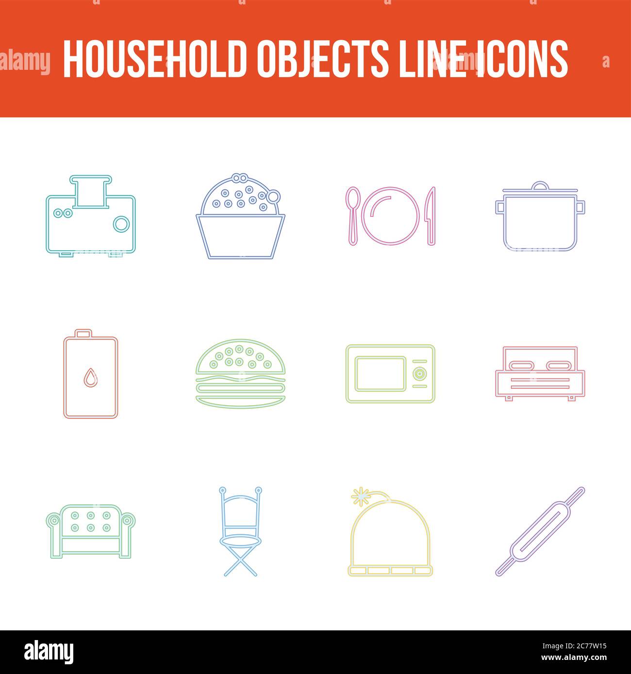 Unique household objects vector line icon set Stock Vector