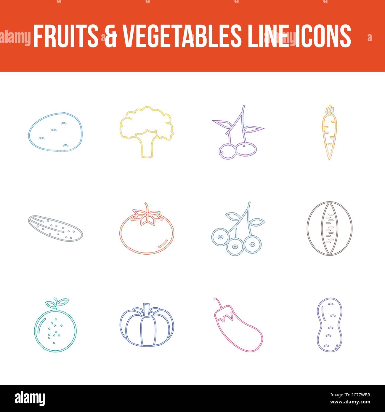 Unique fruits & vegetables vector line icon set Stock Vector Image ...