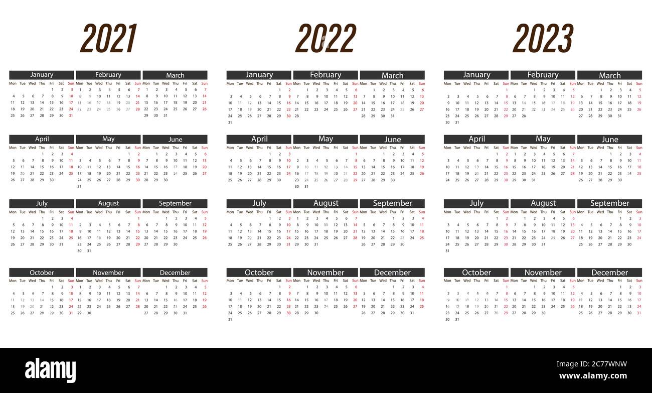 kathedraal Blind vertrouwen Buik 2021, 2022, 2023 calendar, week Monday. Vector illustration, flat design  Stock Vector Image & Art - Alamy