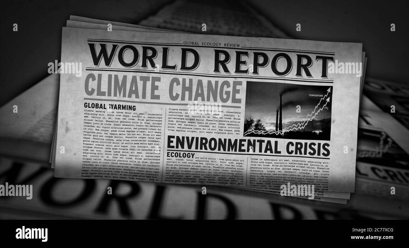 Climate change world report, global warming, ecology and environmental crisis news. Daily newspaper print. Vintage paper media press production abstra Stock Photo