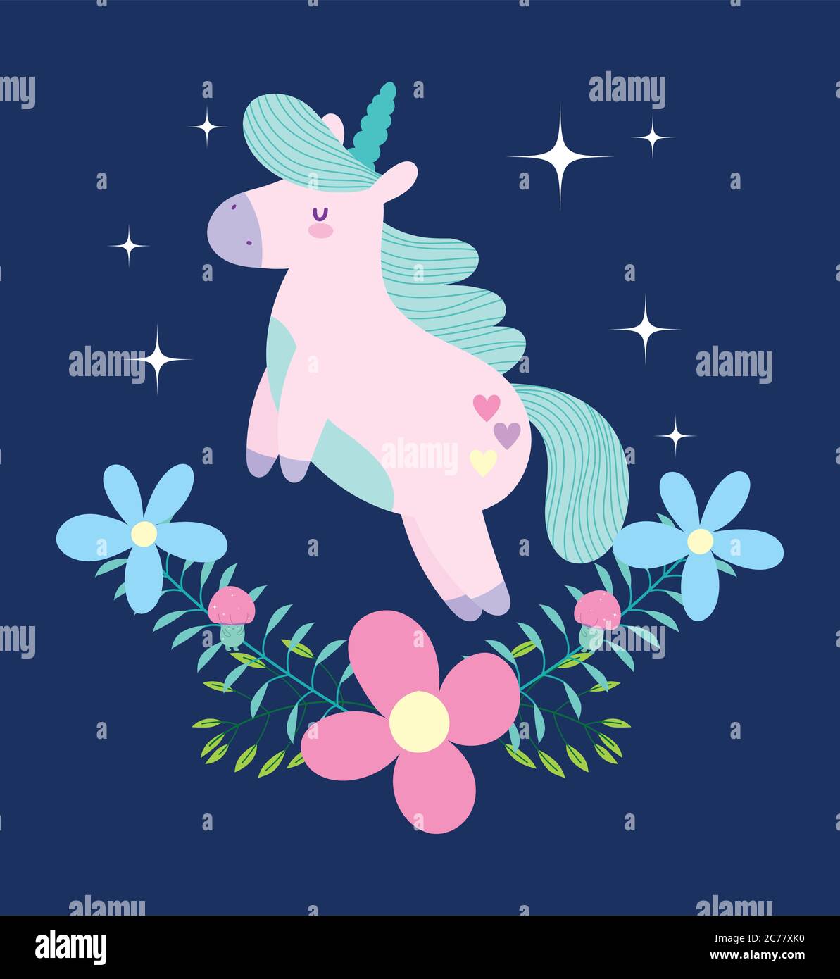 little unicorn flowers fantasy magic green mane cartoon dark background ...