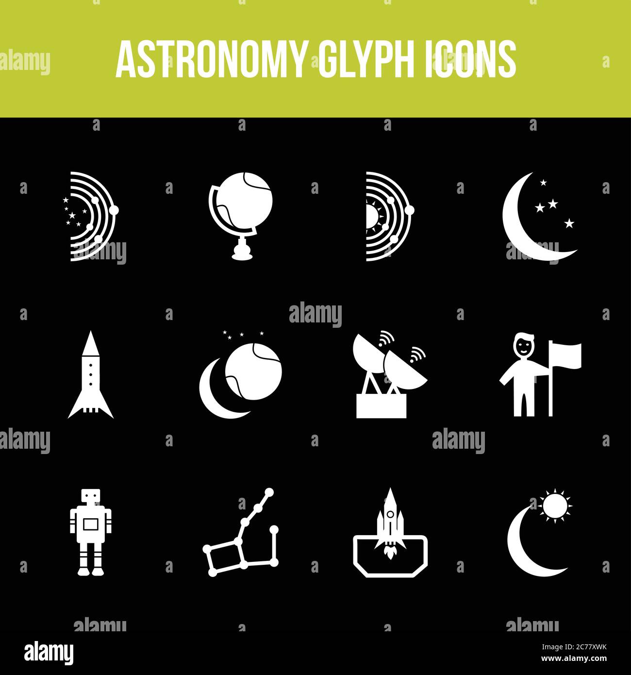 Unique astronomy vector glyph icon set Stock Vector