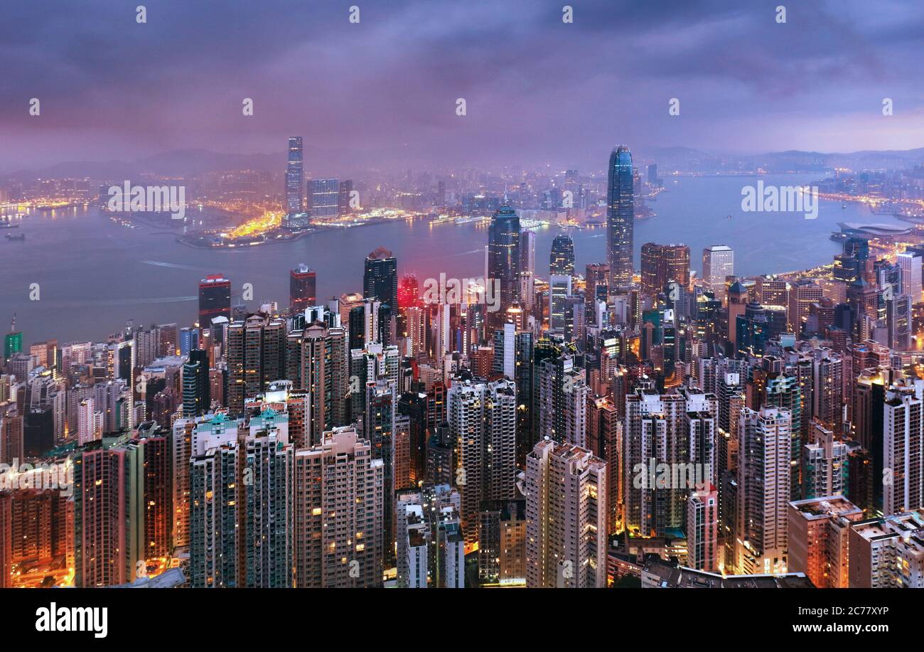 Hong Kong skyline at night from Victoria peak Stock Photo