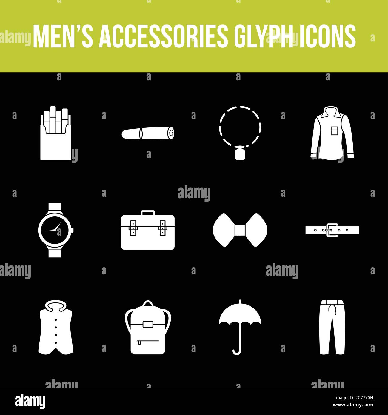 Unique men's accessories vector glyph icon set Stock Vector