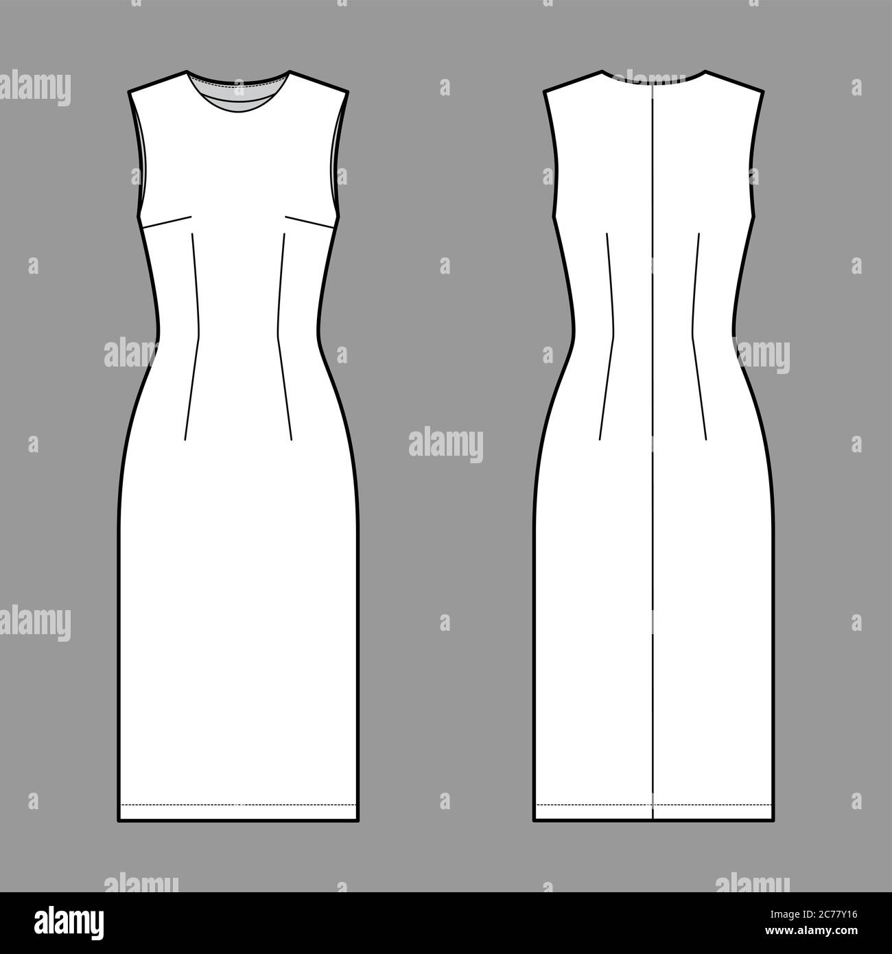 Sheath dress technical fashion illustration with fitted body, oval neck,  sleeveless, pencil fullness, knee length. Flat apparel template front,  back, white color. Women, men unisex CAD mockup Stock Vector Image & Art -