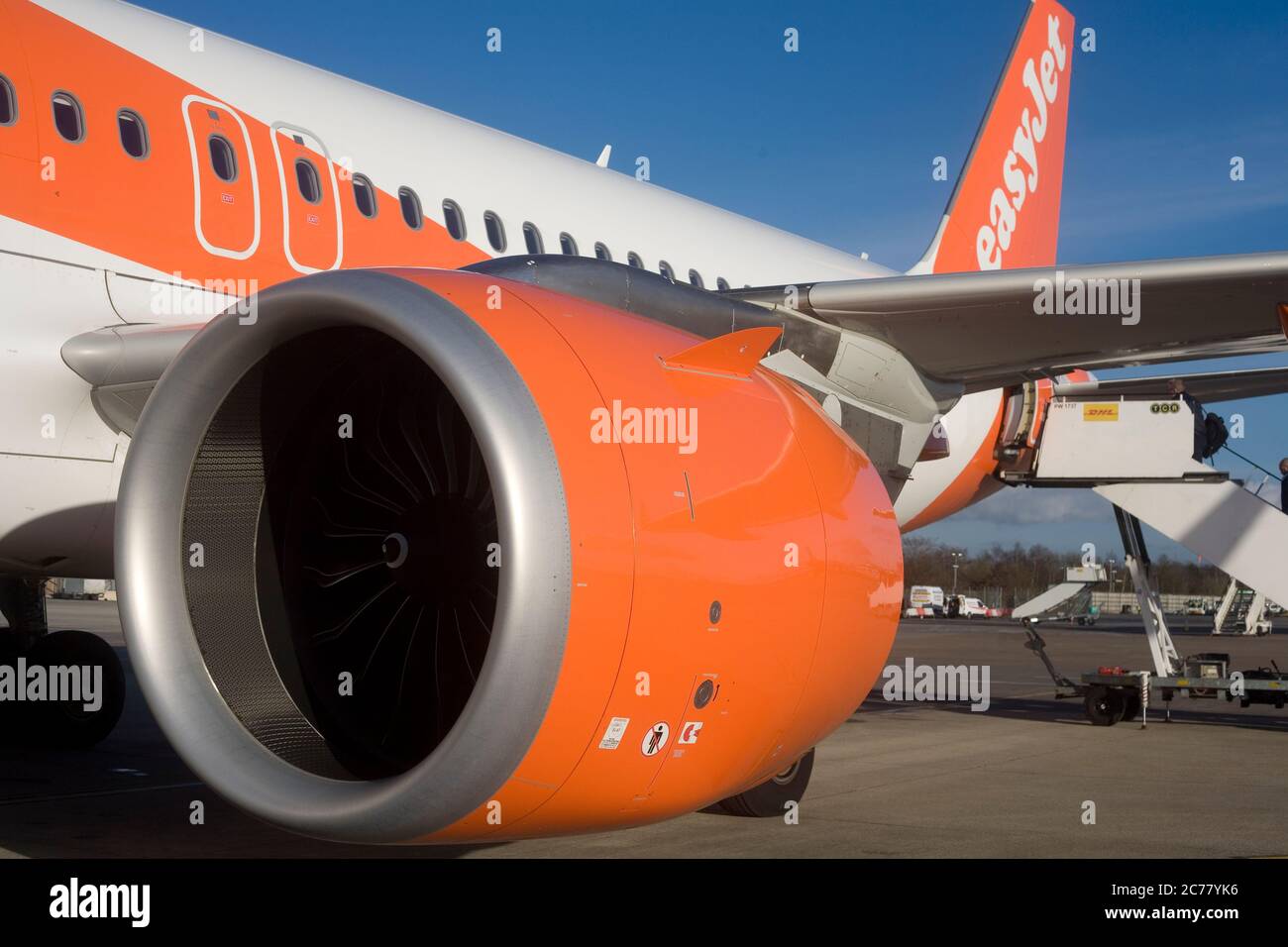 Jet aeroplane oprated by Easyjet on the ground at Bristol airport on a sunny winter day Stock Photo