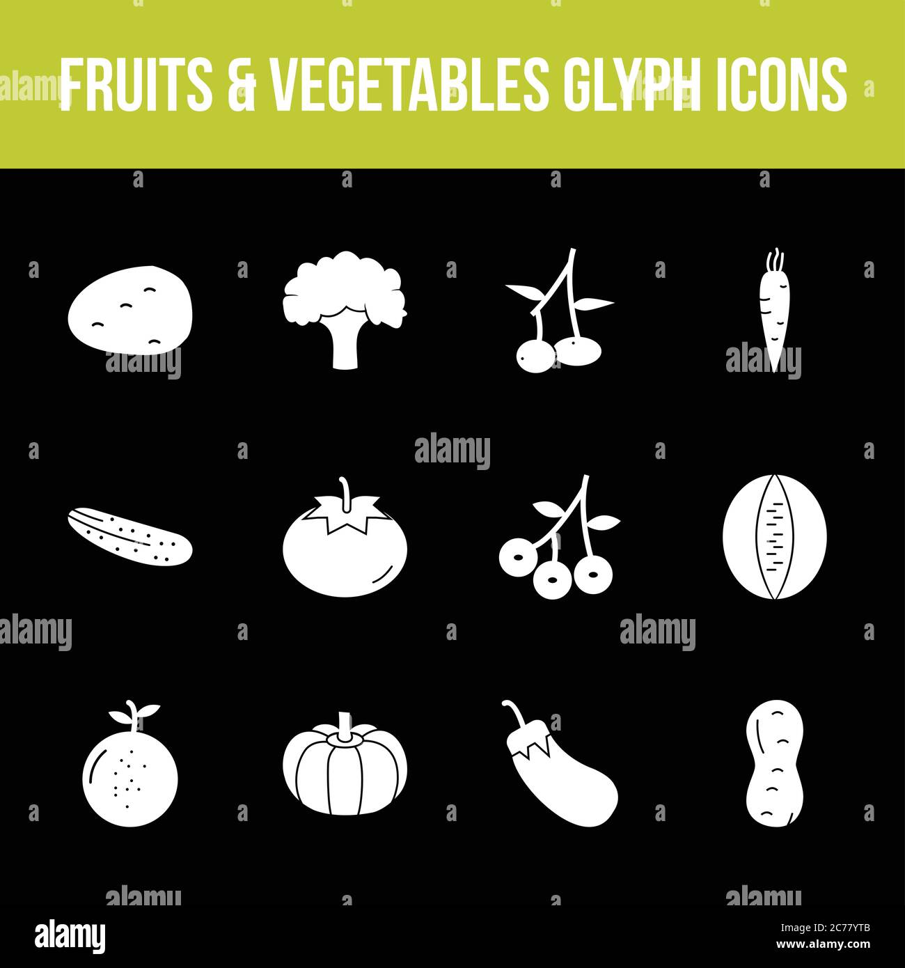 Unique fruits & vegetables vector glyph icon set Stock Vector