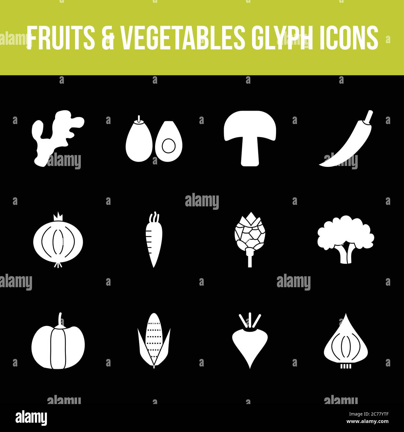 Unique fruits & vegetables vector glyph icon set Stock Vector