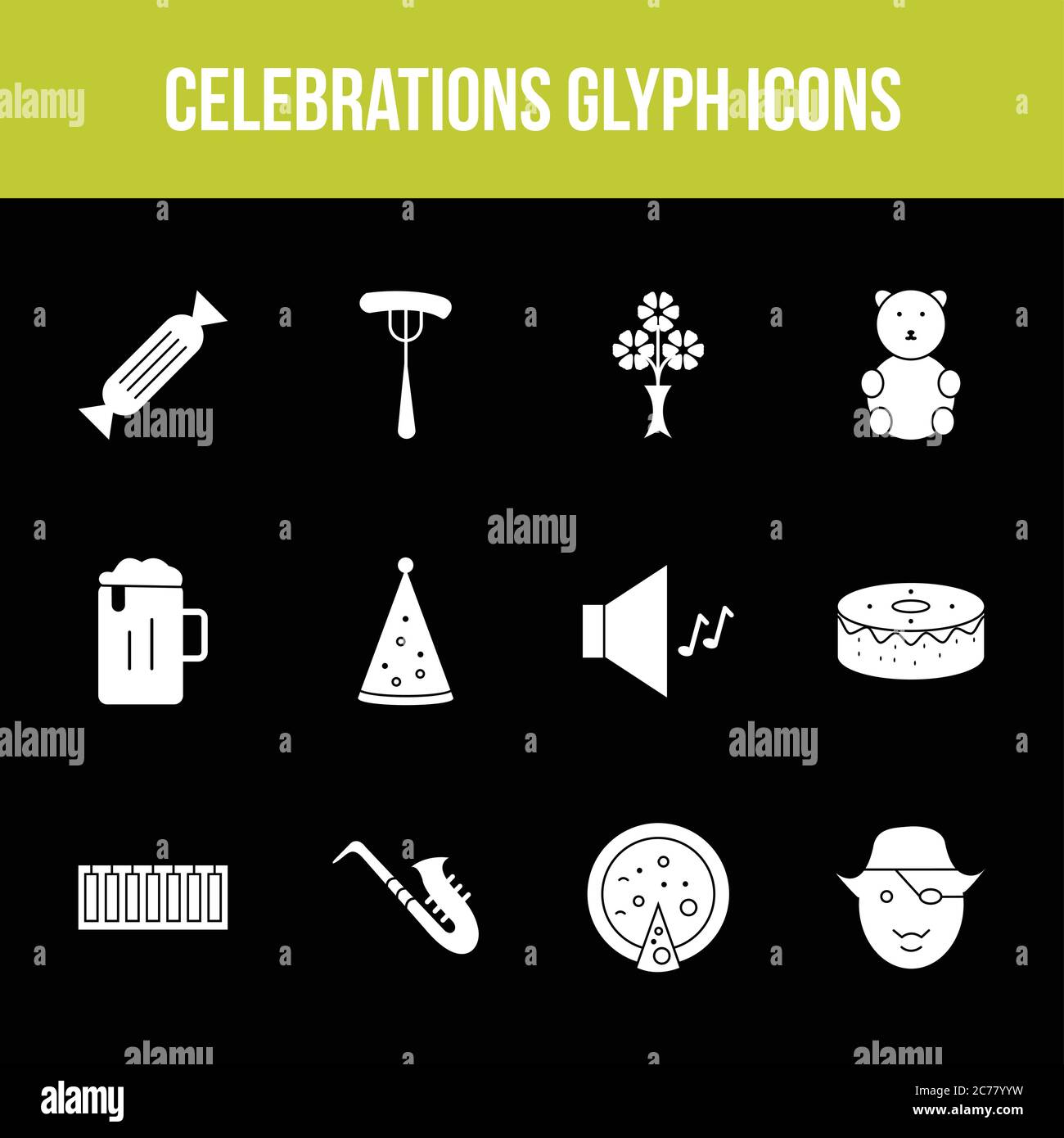 Unique celebration vector glyph icon set Stock Vector