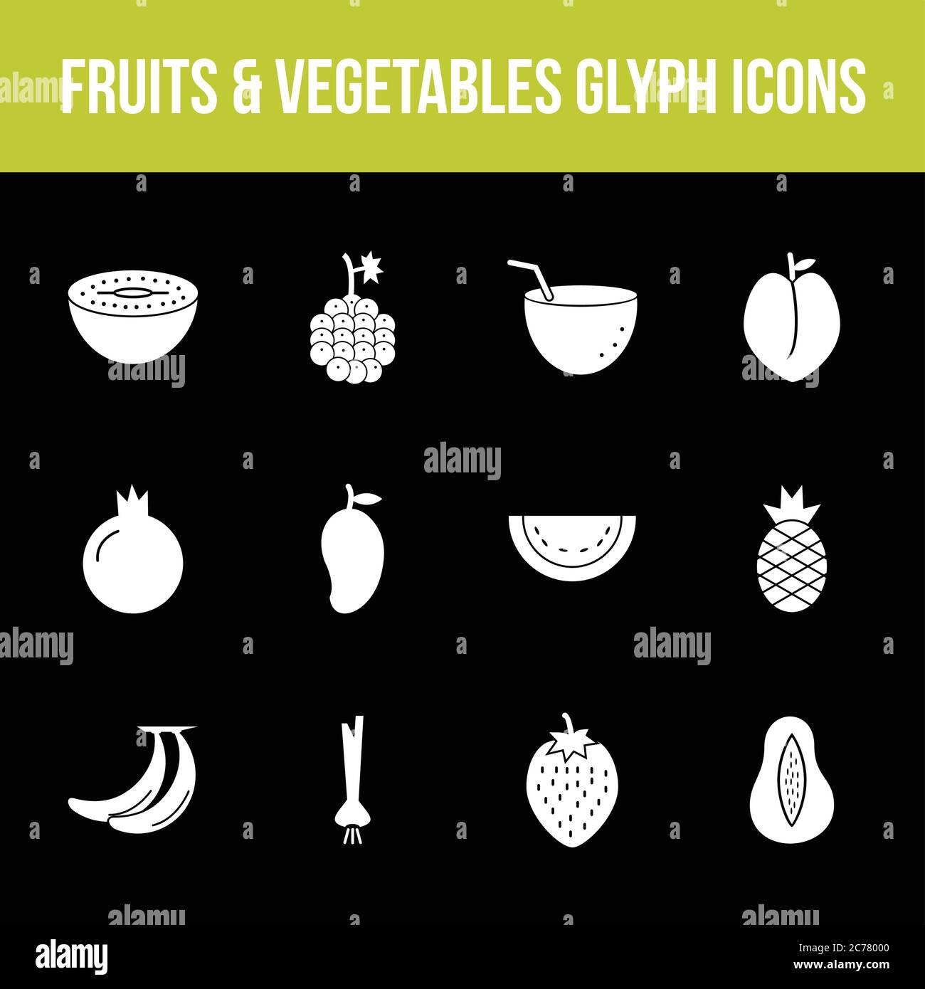 Unique fruits & vegetables vector glyph icon set Stock Vector