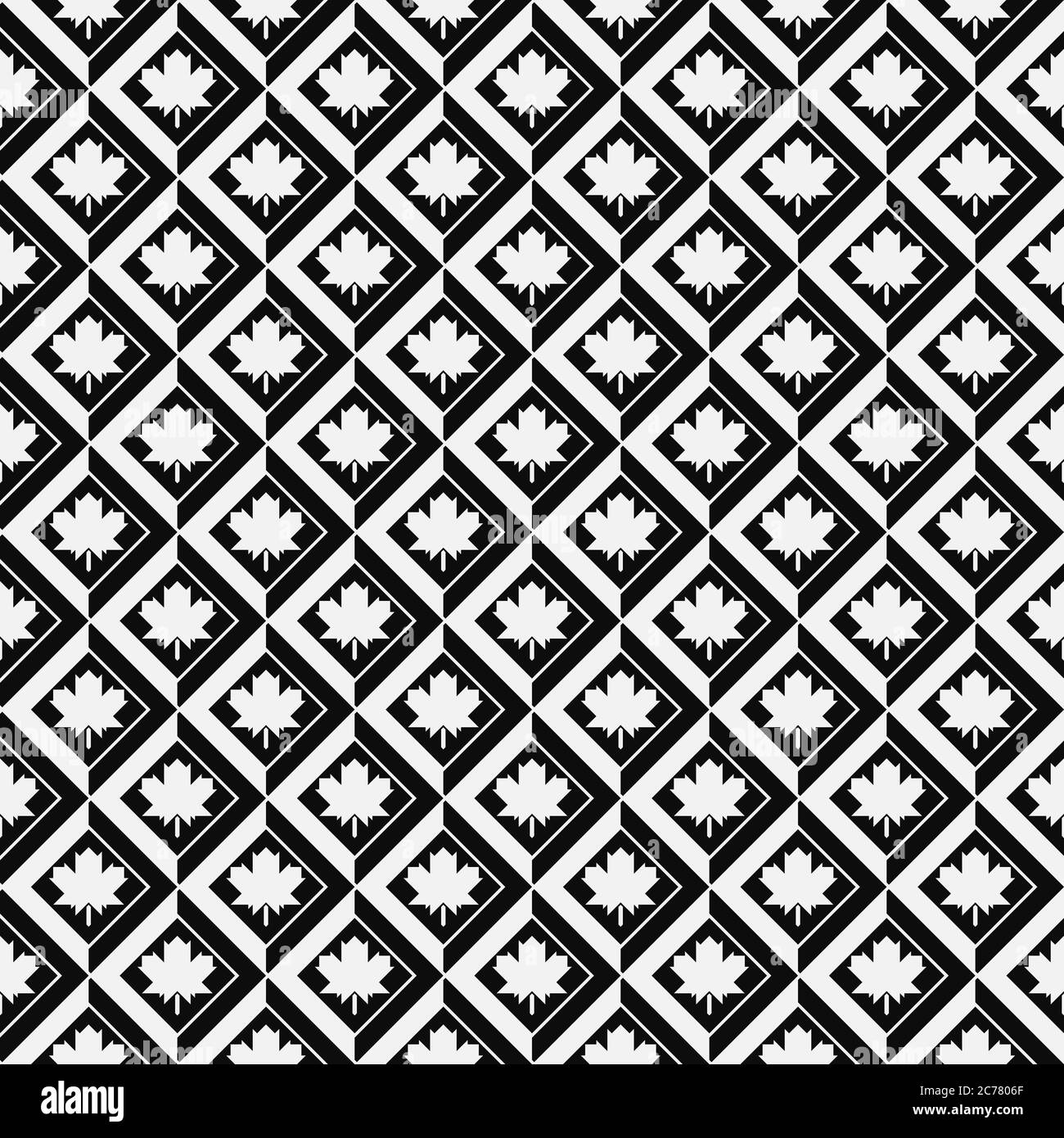 Seamless geometric patterns with with maple leafs in rhombus grid Stock Vector