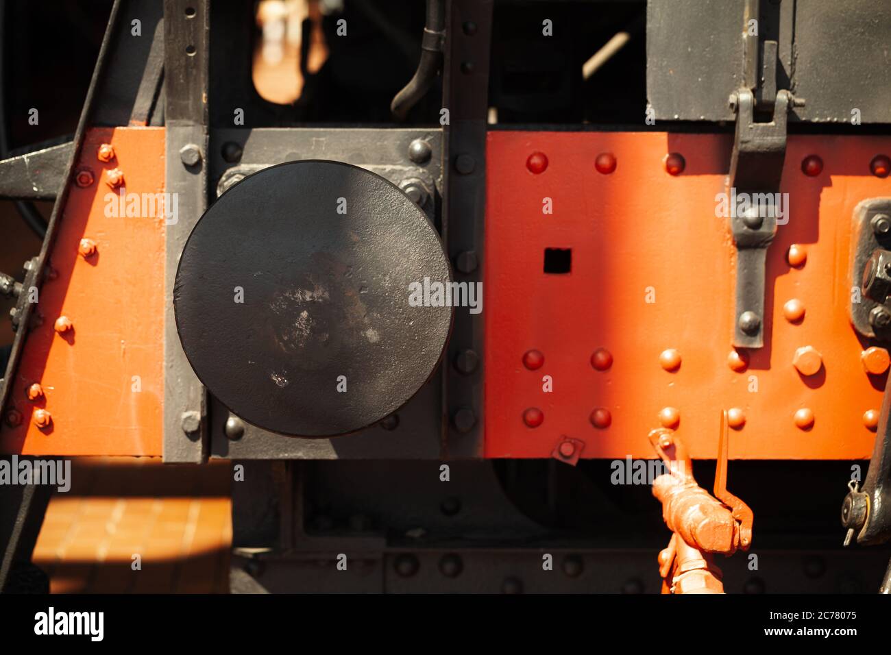 Vintage railway wagon buffer, steam locomotive details Stock Photo