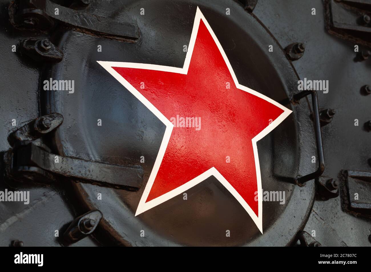 Soviet Red Star sign on a steam locomotive hatch, close-up Stock Photo