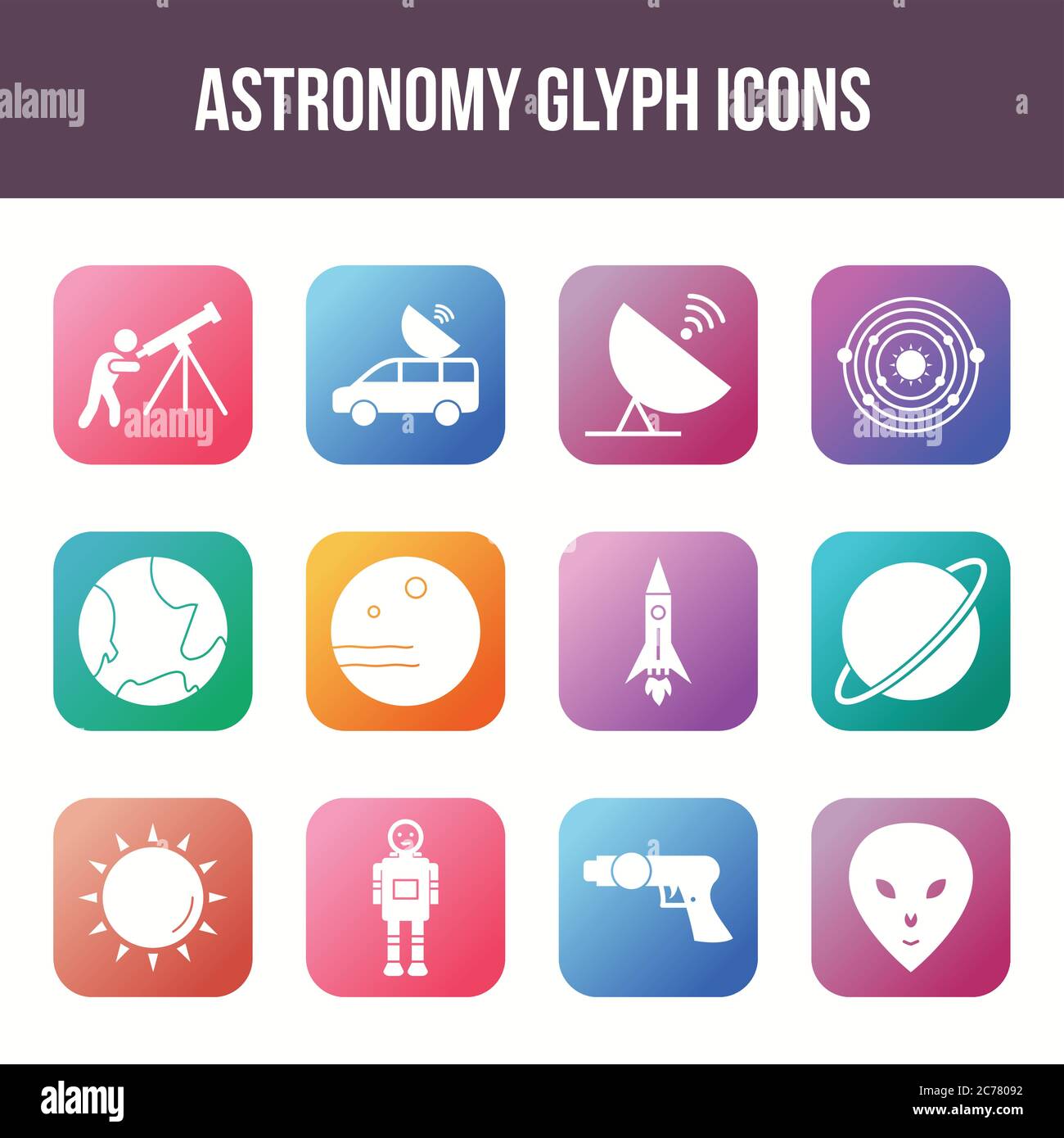 Unique astronomy vector glyph icon set Stock Vector