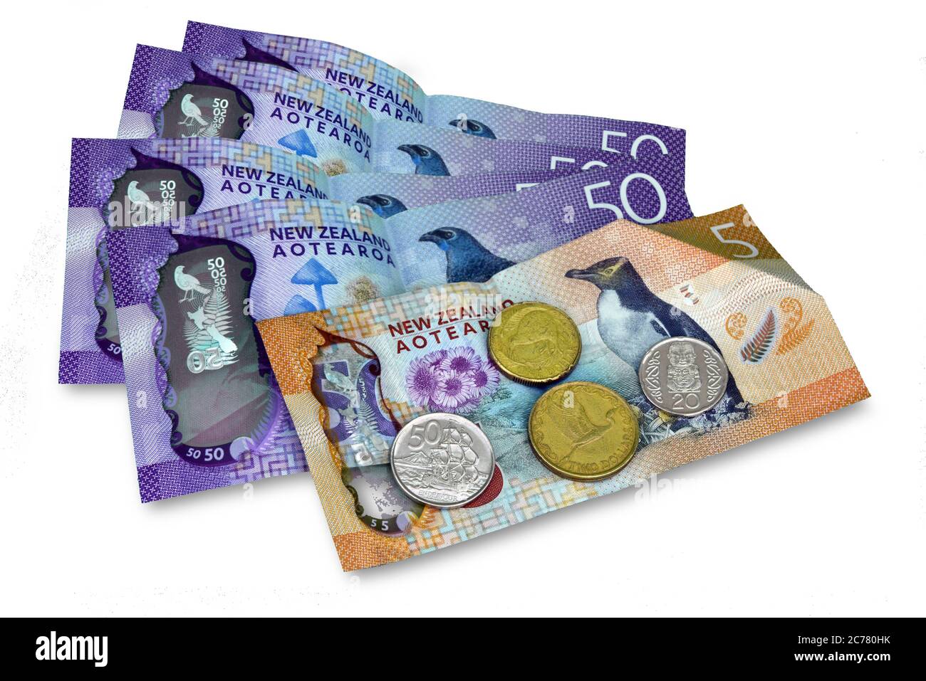 New Zealand fifty and five dollar notes, plus coins Stock Photo