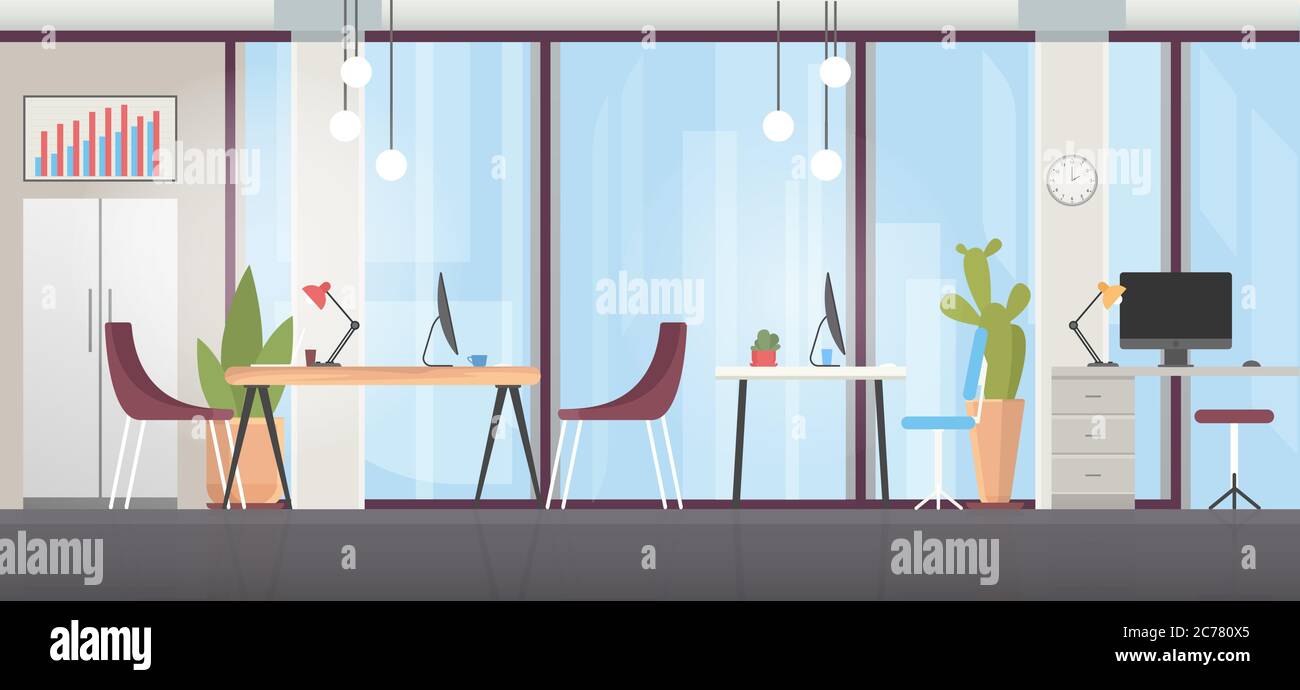 Office room interior flat vector illustration. Cartoon modern wide business  workspace with office chair, computer designer desk, panoramic window and  cityscape view, empty workplace design background Stock Vector Image & Art -