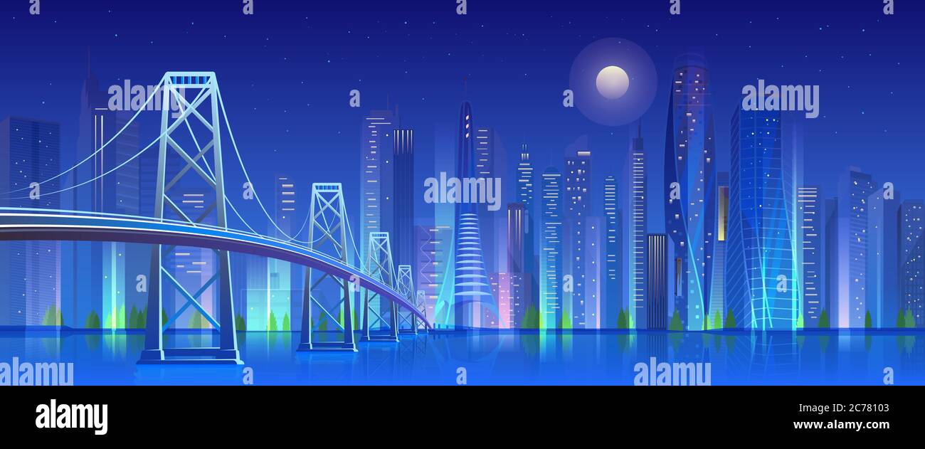 City bridge at night vector illustration. Cartoon flat modern urban skyline, blue futuristic cityscape with skyscrapers in neon lights, illuminated bridge. Future nightlife landscape background Stock Vector