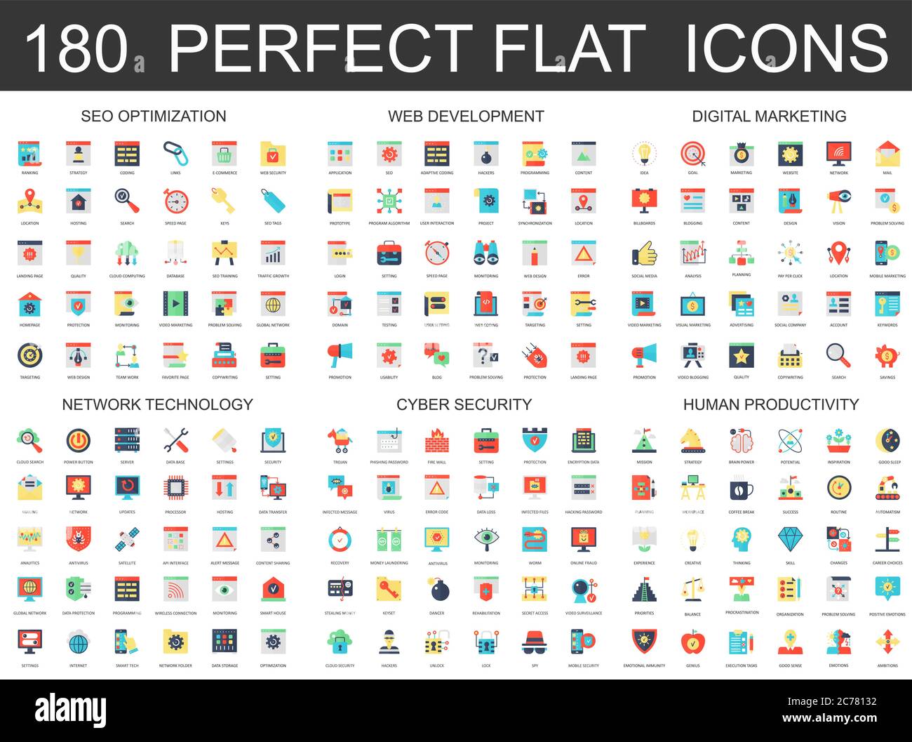 180 modern flat icons set of seo optimization, web development, digital marketing, network technology, cyber security and productivity icons Stock Vector