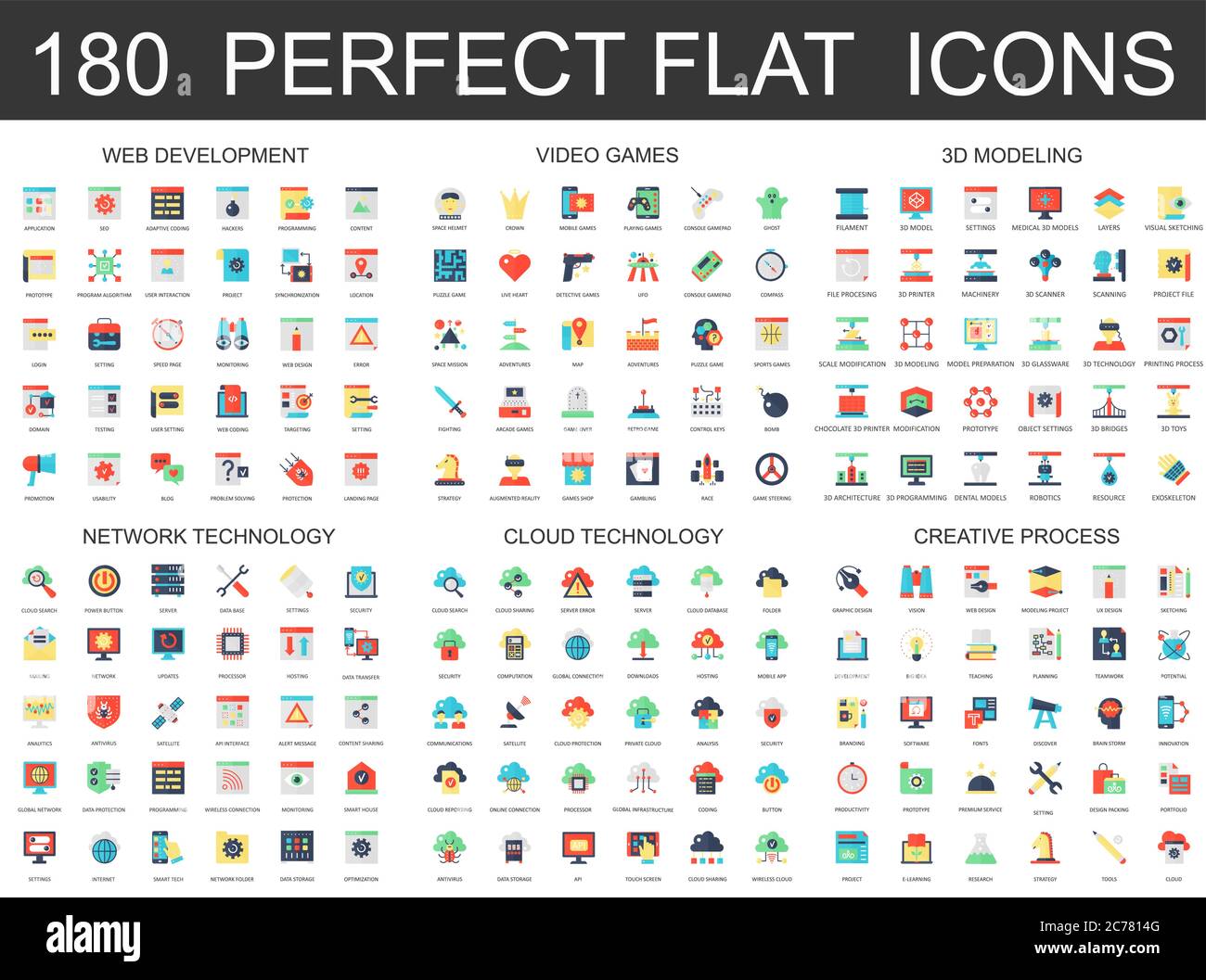 180 modern flat icons set of web development, video games, 3d modeling, network cloud technology, creative process icons Stock Vector
