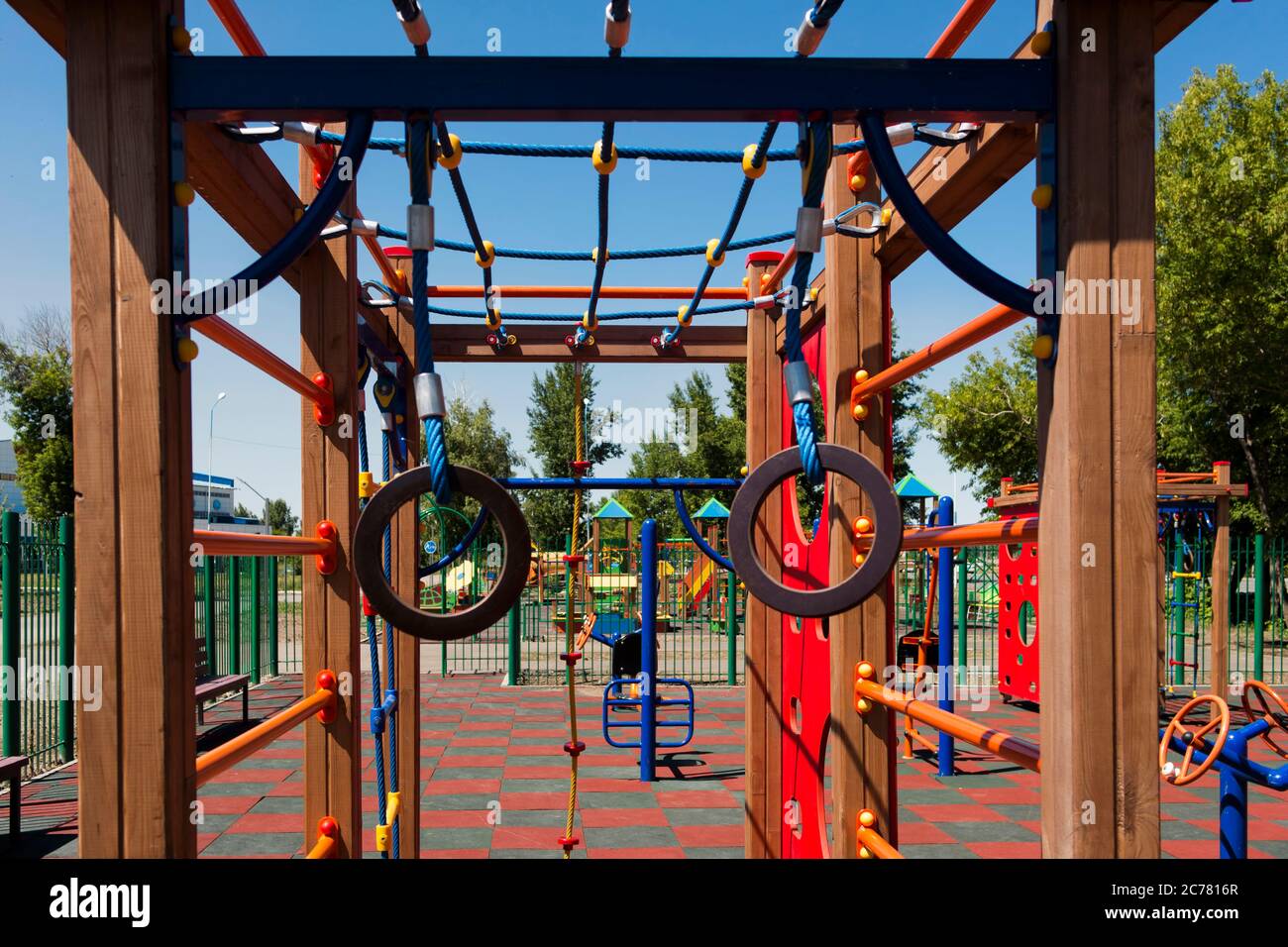 Empty children playground. Kids playground. Kid zone. Stock Photo