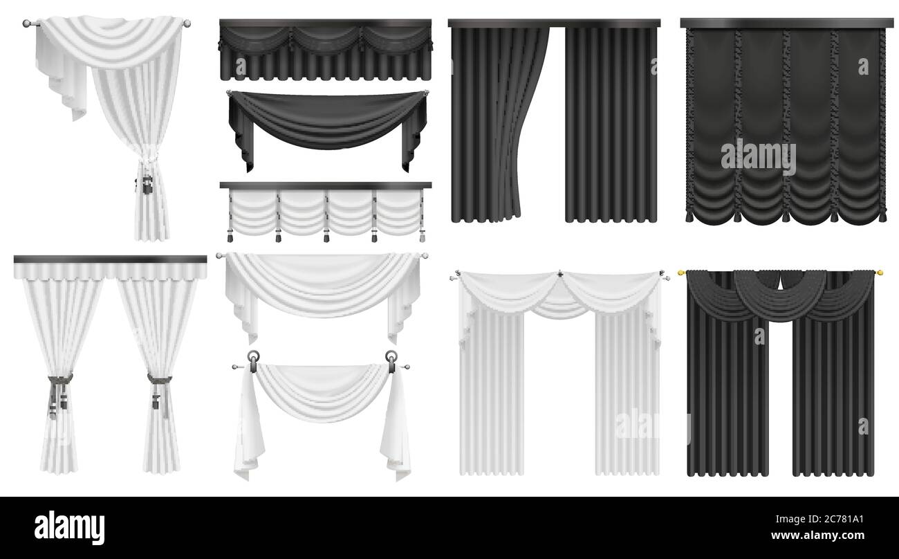 Black and white velvet silk curtains and draperies set. Interior realistic luxury curtains decoration design Stock Vector