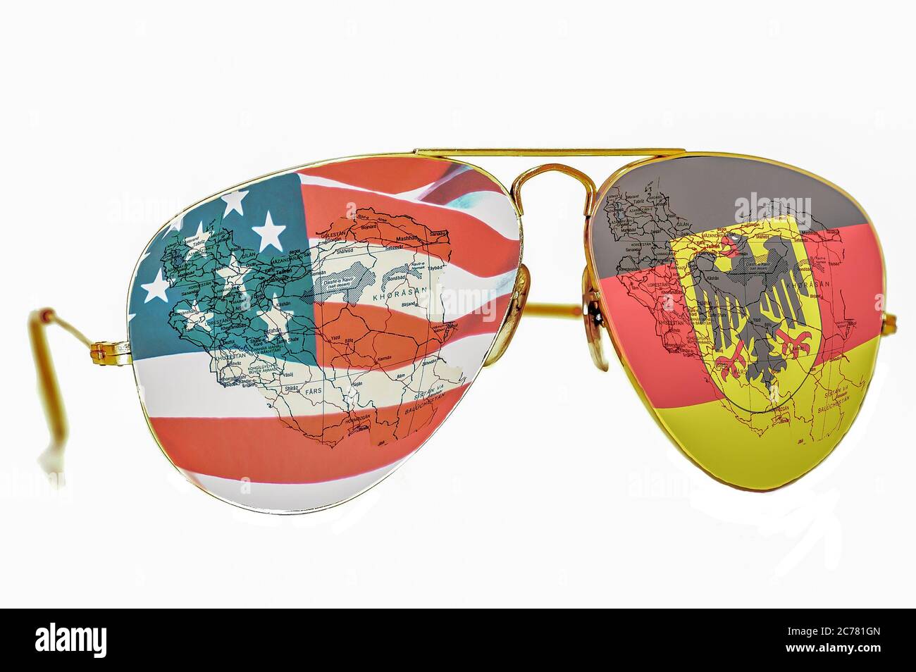 BELGRADE, SERBIA  December 17, 2017: Sunglasses with an American and Germany flag and a map of Iran on white background Stock Photo