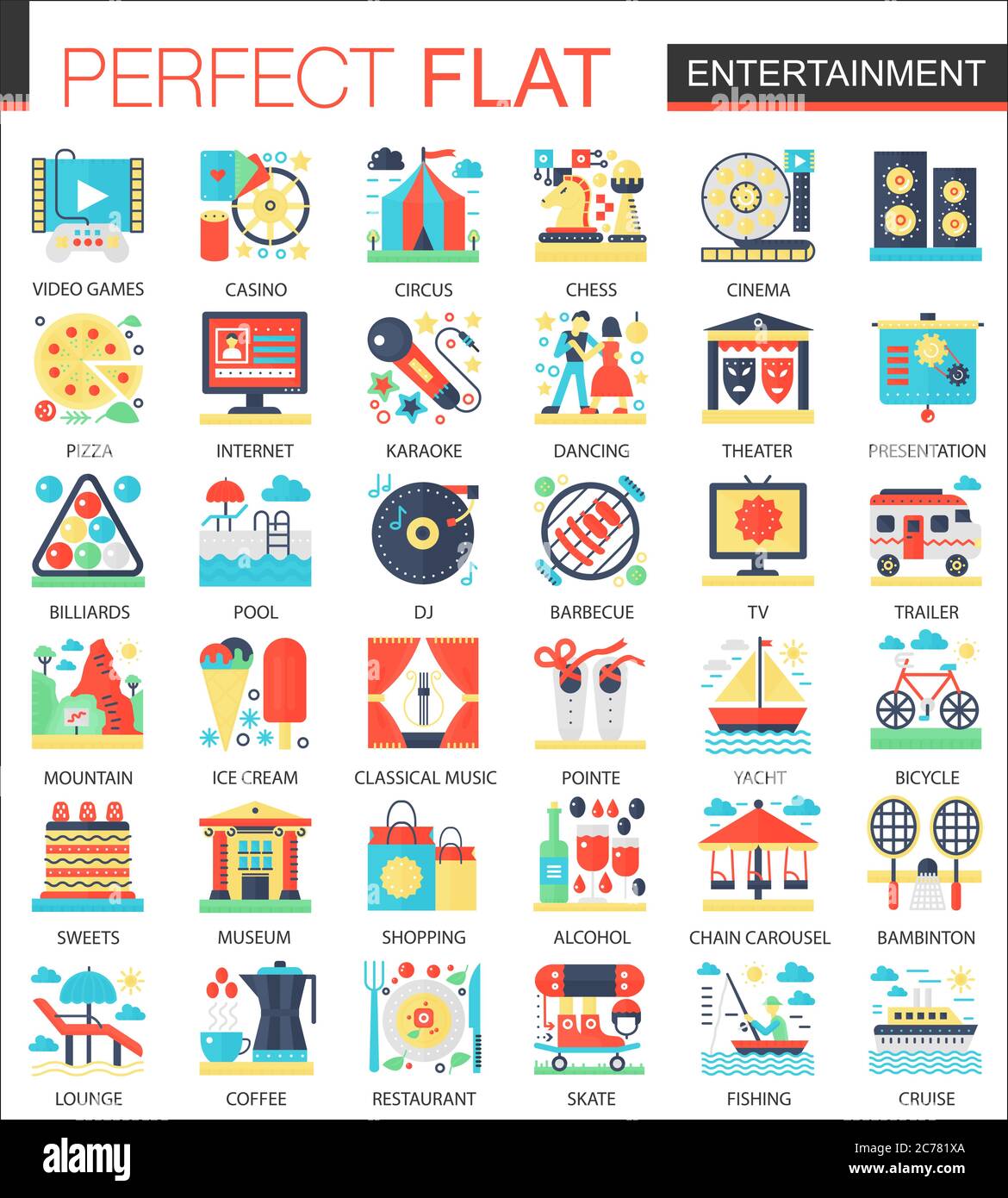 Entertainment vector complex flat icon concept symbols for web infographic design isolated Stock Vector