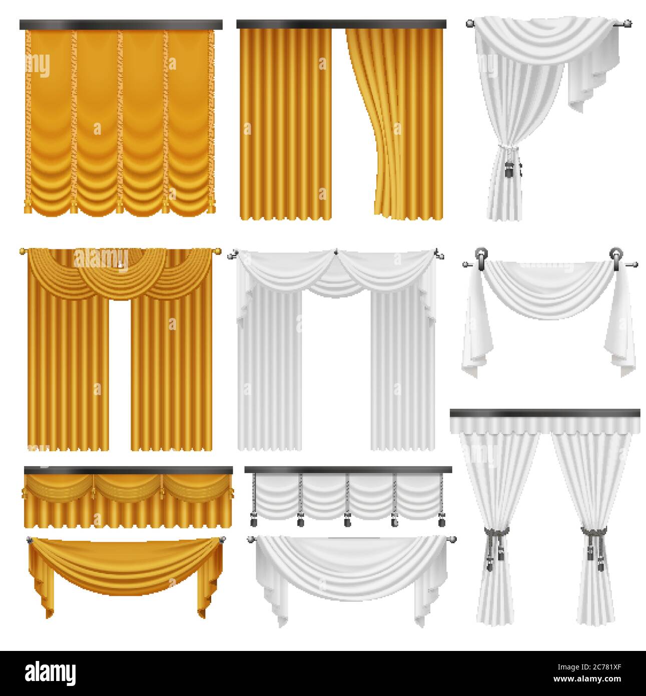 Golden and white velvet silk curtains and draperies set. Interior realistic luxury curtains decoration design Stock Vector