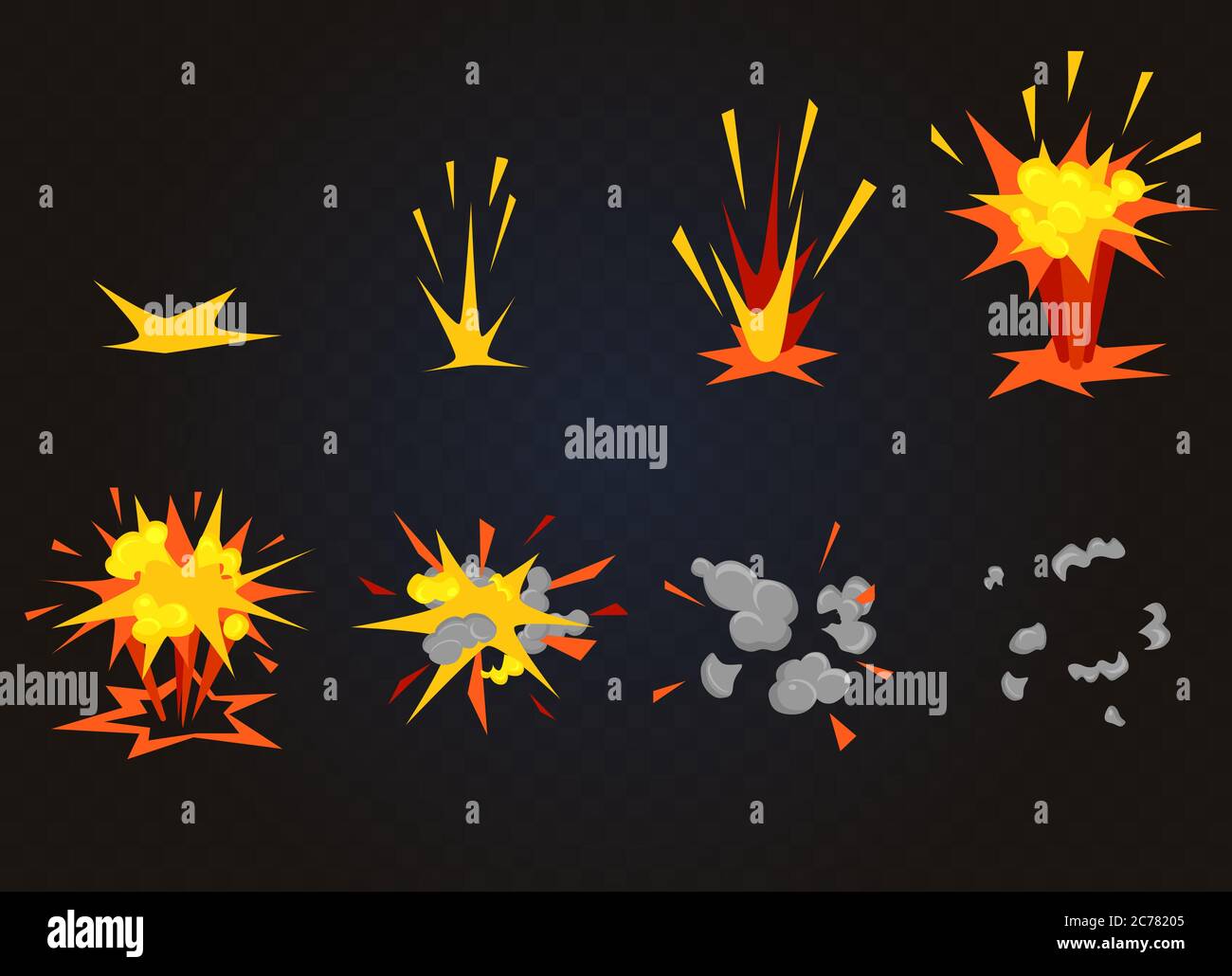 Vector cartoon boom explosion effect with smoke. Flash explode animation for game Stock Vector