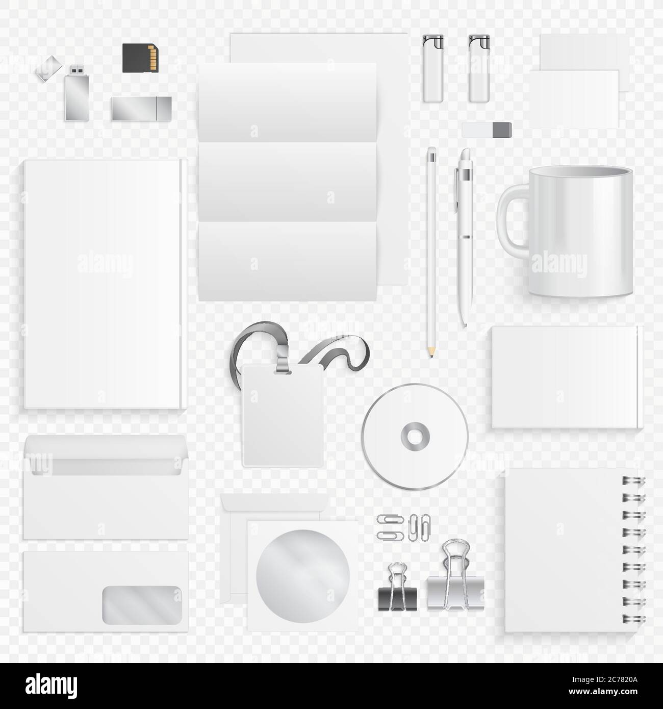 Corporate identity business items. Vector icons of supplies and office stationery, pen, business info card, envelope paper bag, mug and id badges notepads. Stock Vector