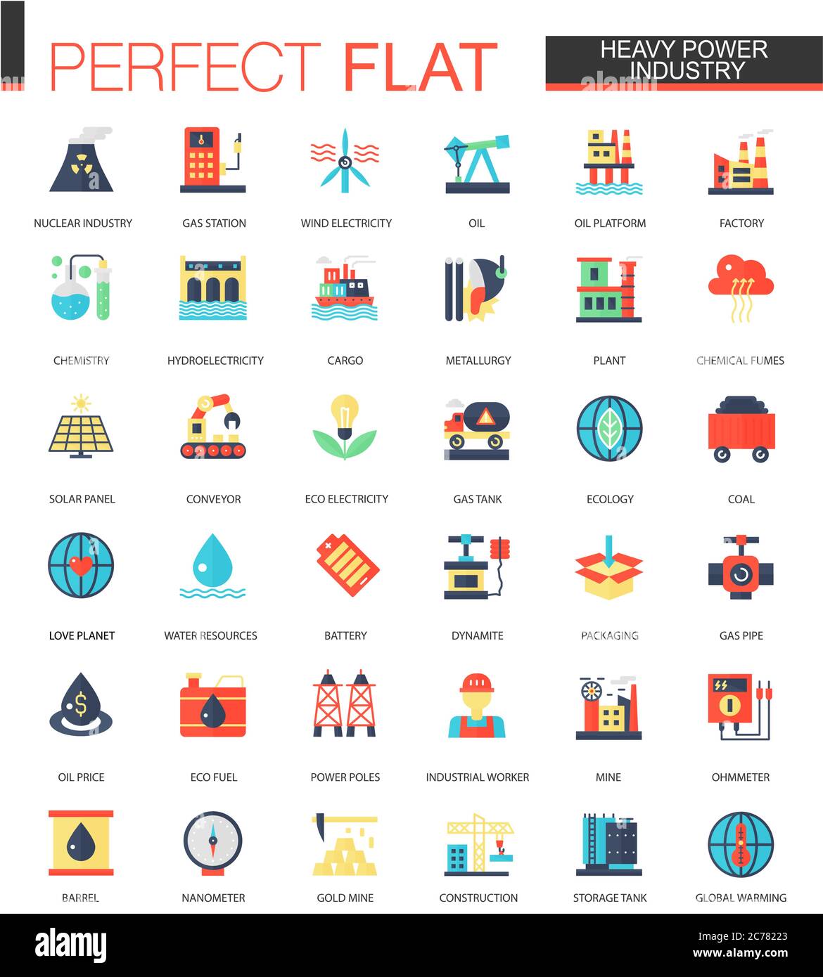 Vector set of flat Heavy power industry icons isolated Stock Vector