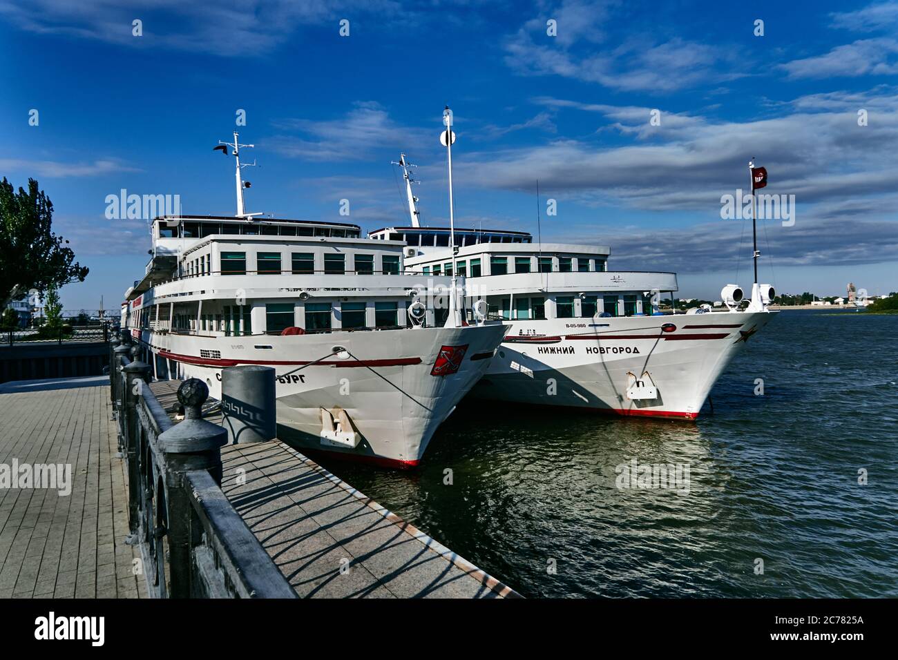 Russia, Astrakhan Oblast.    river cruise ship moored at the city pier on the Volga river, Astrakhan city Stock Photo