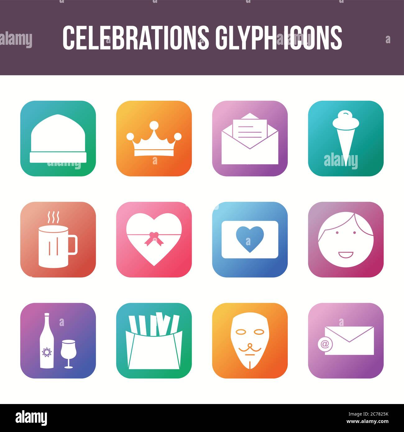 Unique celebration vector glyph icon set Stock Vector