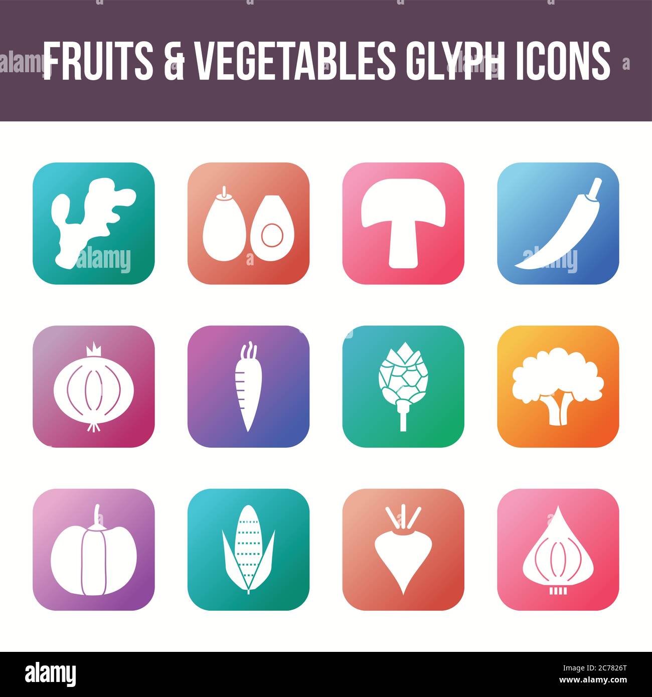 Unique fruits & vegetables vector glyph icon set Stock Vector
