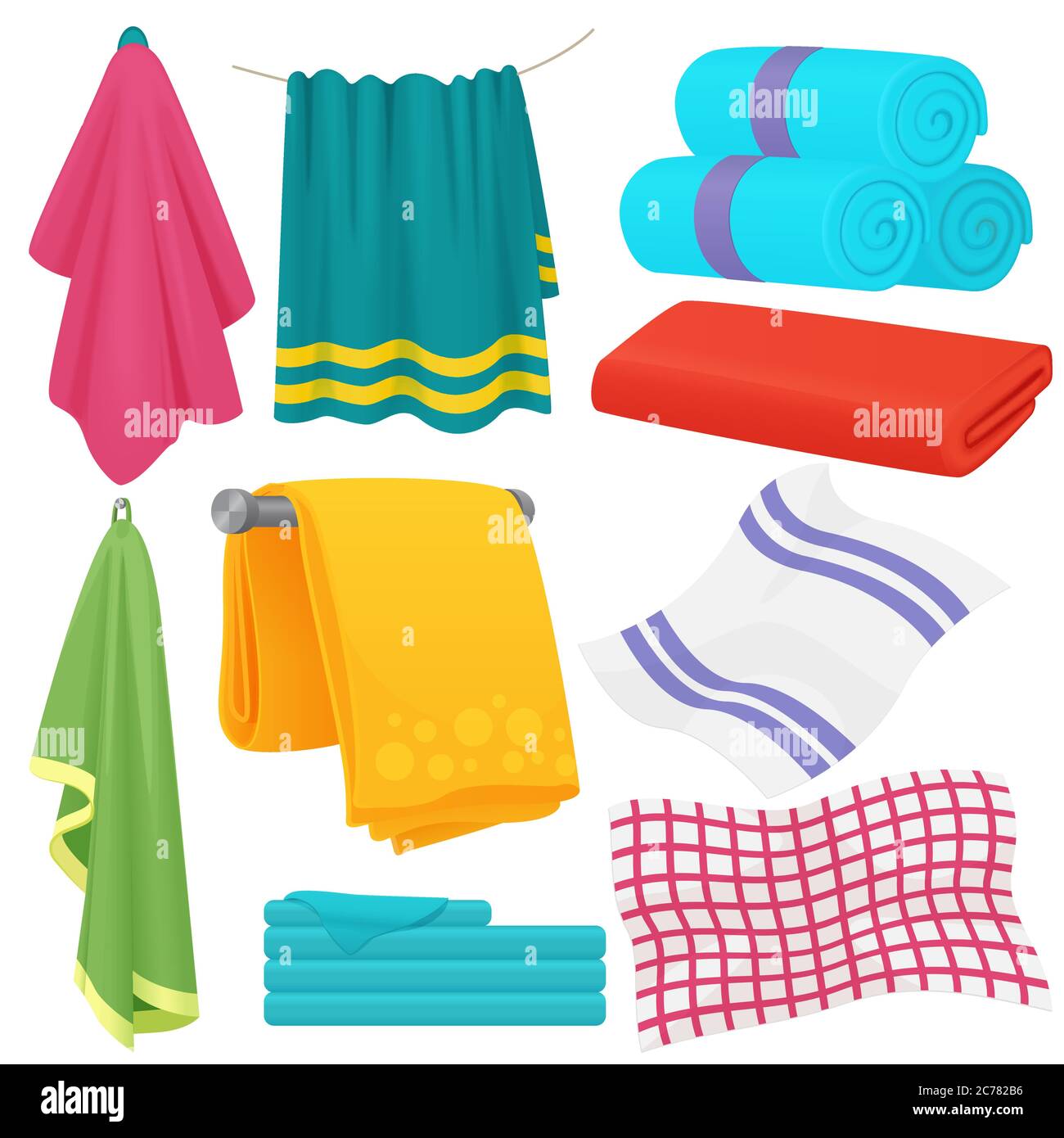 Cartoon towels vector set. Cloth towel for bath, illustration of